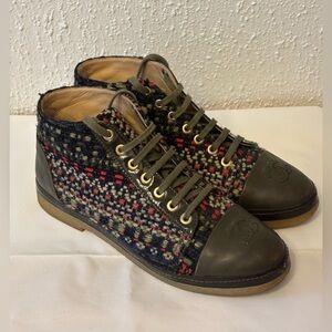 Chanel Olive Tweed Ankle Booties